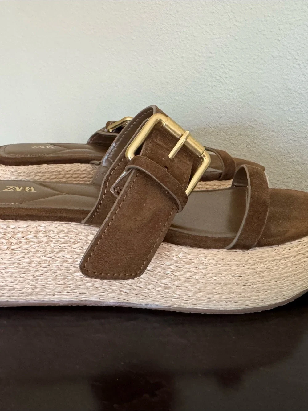 Zara Brown Suede Platform Espadrille Mules with Gold Buckle - Picture 2 of 4